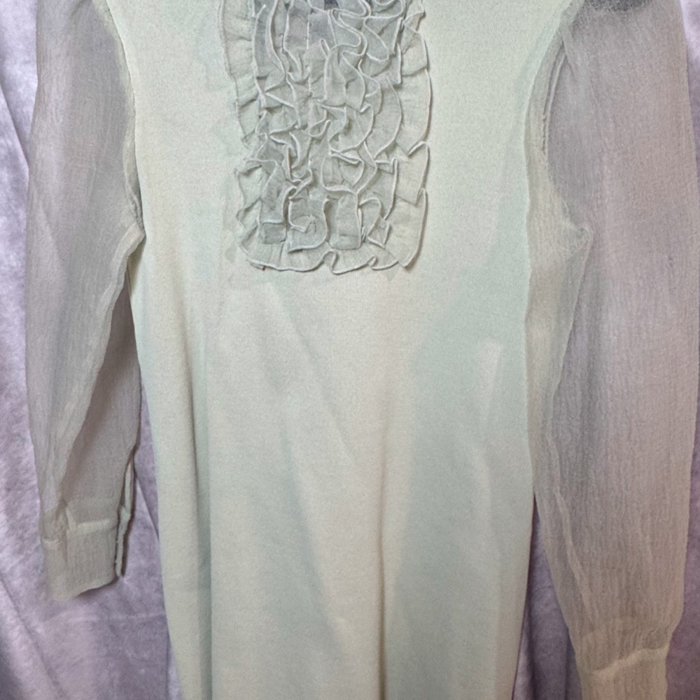Zara Cream Sheath Dress with Bishop Sleeves and Ruffle Detail